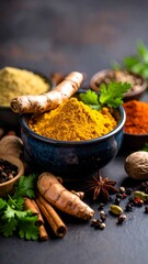 A close-up shot features various spices like turmeric, cinnamon sticks, and peppercorns in small bowls, highlighting a rich color palette