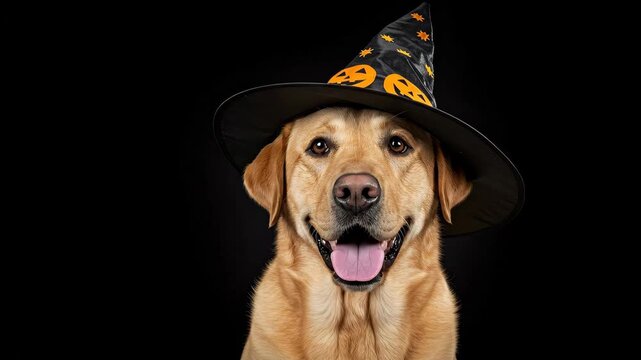 Labrador Retriever in Halloween Witch Hat - A golden Labrador Retriever dog smiles at the camera while wearing a black witch's hat decorated with orange jack-o-lanterns and stars.