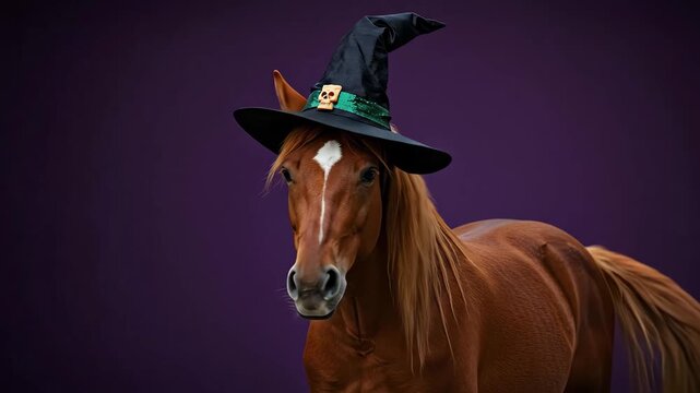 Horse in a Witch Hat - A brown horse poses against a dark purple background, wearing a black witch's hat. The hat is adorned with a green sequin band and a decorative skull.