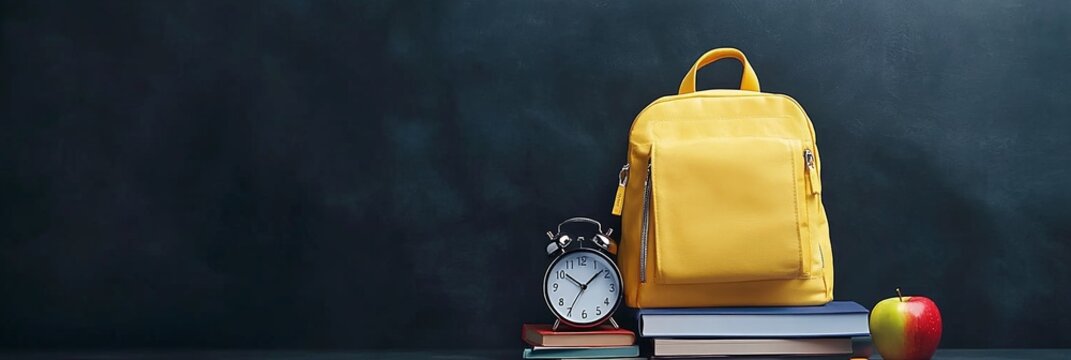 Yellow backpack standing on books with alarm clock and apple in front of blank chalkboard background, representing back to school and education concept - Powered by Adobe