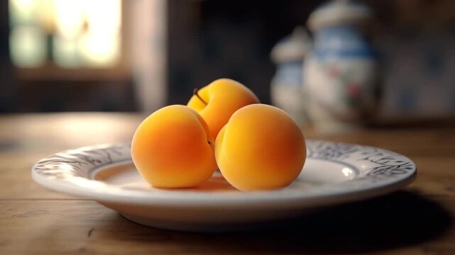 Delicious bright apricot lies on beautiful colorful plate on background