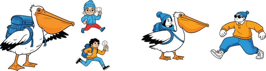 Naklejka premium Animated Pelicans Backpacking with Adventurous Kids Exploring Outdoors: Whimsical Cartoon Illustration for Children's Education, Travel, Adventure, Back to School, Books, and Creative Designs, Full Co
