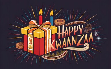 Kwanzaa holiday greeting with illustrated gift box and two lit candles, colorful patterned ribbons and radial dotted rays on dark background ideal for cards, social media banners, invites, prints