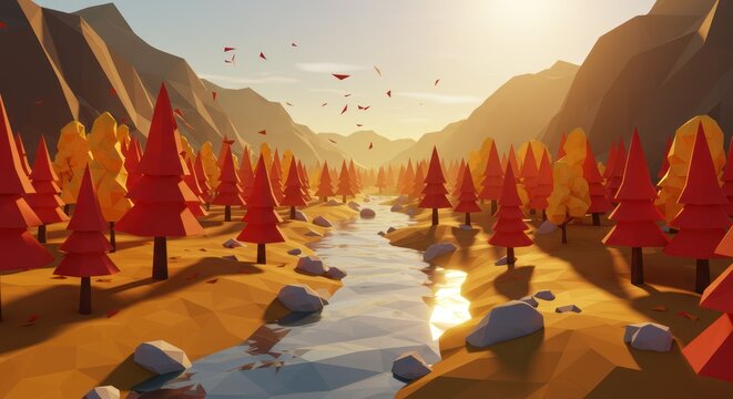 Low-poly autumn landscape with colorful trees and mountain views.