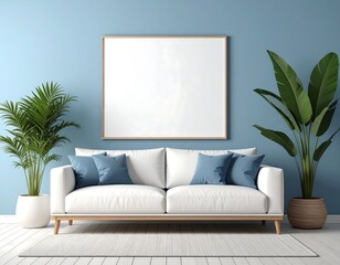 A contemporary living room features a white sofa adorned with blue cushions, and a large blank canvas above. Potted plants flank the seating