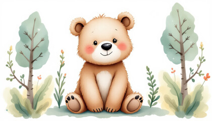 Cute and Adorable Cartoon Bear Sitting in a Forest Setting