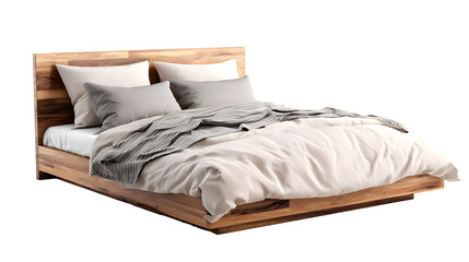 Obraz premium Wooden bed frame with neutral bedding and pillows isolated on a white background