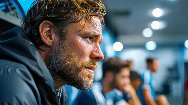 Close-up of a pensive male coach in a locker room after a tense sports match
