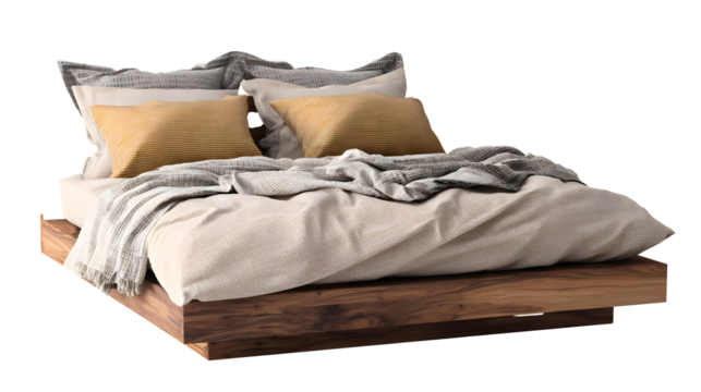 Wooden bed frame with neutral bedding and pillows isolated on a white background