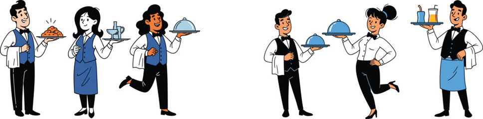 Obraz premium Efficient Restaurant Staff Serving Customers with Speed and Style: Waiters and Waitresses Delivering Food and Drinks in a Busy Eatery Setting, Emphasizing Fast Service and Professionalism for Modern H