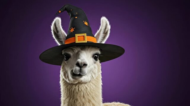 Llama Wearing Witch Hat for Halloween - A close-up studio shot of a llama wearing a witch hat against a purple background. The hat is black with an orange band, buckle, and star details.
