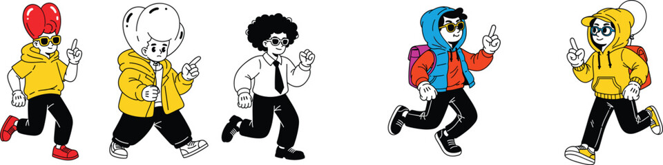 Naklejka premium Dynamic Characters Running and Pointing in a Diverse Group with Unique Styles Against White Background for Education, Design, and Children's Illustration. Stylish People in Motion Promoting Ideas with