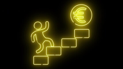 A neon yellow figure ascends steps towards a euro coin on a black background - Powered by Adobe