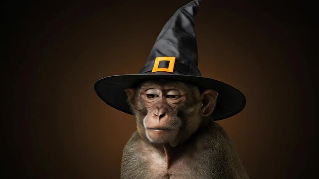 Monkey Wearing Witch Hat - A monkey wearing a black witch's hat with a gold buckle, sits against a brown backdrop looking forward. The monkey's face is expressive and its fur is detailed.