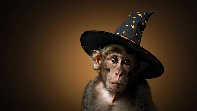 Monkey Wearing Halloween Witch Hat - This is a studio shot of a monkey wearing a black witch hat with orange stars on it. The monkey is looking slightly off camera and has an inquisitive expression.