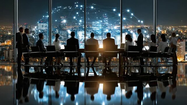 Modern Business Meeting: A modern business meeting unfolds against the backdrop of a mesmerizing cityscape at night, symbolizing strategic collaboration and forward-thinking innovation.