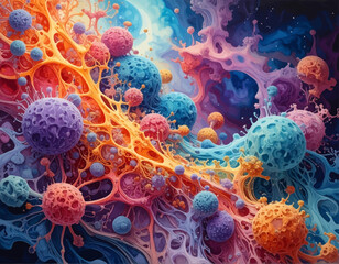 Abstract Microscopic View of Vibrant Cellular Structures and Biological Artwork