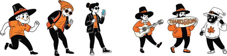 Celebrating Thanksgiving with Diverse Cartoon Characters in Festive Attire: A Vibrant Illustration of Gratitude, Community, and Holiday Fun for Family Gatherings, Seasonal Greetings, School Projects,