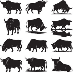 Bull Silhouette Collection Diverse Poses in Black Vector Illustration Ranching and Farming Iconography Strong Symbolism Stock Market Connection