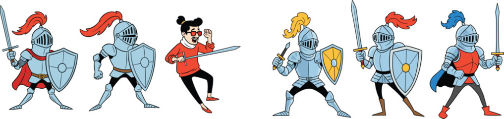 Cartoon Knights Protecting With Swords and Shields, Comic Characters in Armor, Fighting for Victory in a Medieval Fantasy Setting, Illustration for Kids' Education and Historical Stories, Bold Line Ar