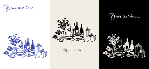 Merry Christmas Card - minimalist hand drawn food and drink vector illustration. Wine, champagne glass, cheese, cake drawings for wedding invitations, menus and parties. Ink doodle sketch style