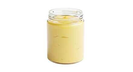 Isolated jar of homemade mayonnaise or hollandaise sauce, condiment for cooking meal