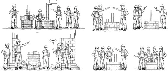 Construction workers teamwork discussion site safety planning communication collaboration building teamwork architecture industry labor teamwork management Christmas zombie illustration design