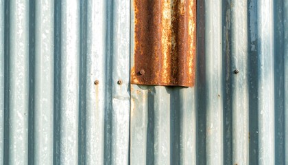 A close-up shot highlighting corrugated metal panels, one section rusty brown, others gray, showing texture and age. Shadows define the ridges