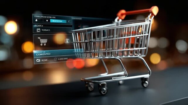 Online Shopping Cart: A metallic shopping cart hovers against a blurry city backdrop, enhanced by a holographic interface, symbolizing modern digital retail and effortless online purchasing.