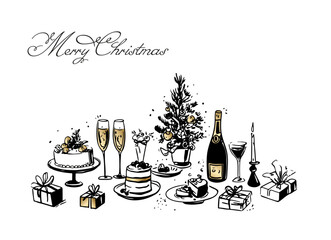Merry Christmas Card - minimalist hand drawn food and drink vector illustration. Wine, champagne glass, cheese, cake drawings for wedding invitations, menus and parties. Ink doodle sketch style