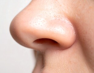 A close-up shot highlights the delicate details of a nose, showcasing its smooth skin texture, pores, and the curvature of the nostrils