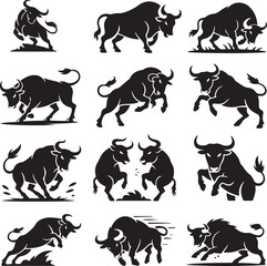 Collection of Black Bull Silhouettes in Various Poses Vector Illustration on White Background for Design Elements