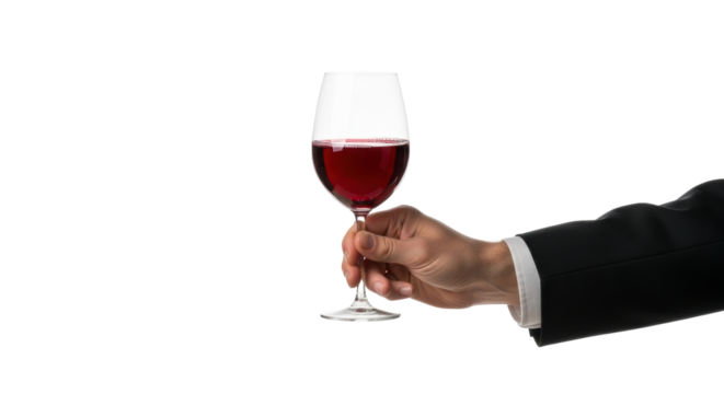 Isolated hand holding a glass of red wine in a formal suit perfect for celebration