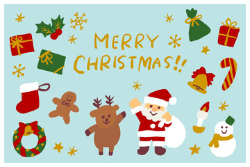 手描き風のサンタクロースとトナカイ、雪だるまやプレゼント、リースやキャンディケインが描かれたポップで楽しいクリスマスイラスト