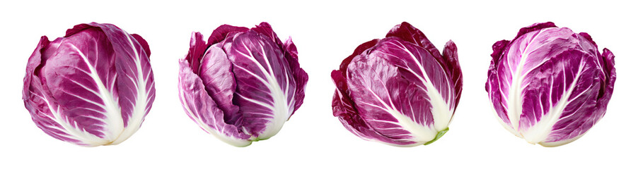Obraz premium Vibrant radicchio vegetable, showcasing deep purple and white patterns, isolated on black, perfect for healthy eating and culinary design PNG set with transparent background
