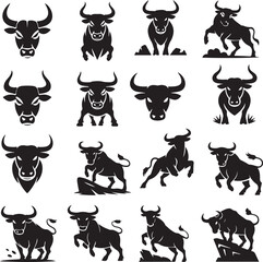 Collection of Black Silhouette Bull Illustrations Vector Graphics Variety Poses and Expressions Ideal for Design Projects and Marketing Materials