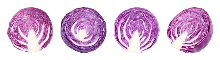 Vibrant Red Cabbage Halves Isolated on Black, Fresh Ingredient for Healthy Cuisine and Culinary Design PNG set with transparent background