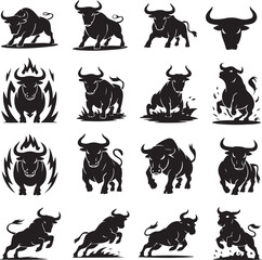 Collection of Bold Black Bull Silhouettes in Various Poses Against a White Background Perfect for Branding and Design