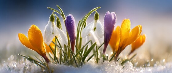 Emerging beauty: snowdrops and crocuses paving the path to warmer days. Creative poster. Dynamic emergence: snowdrop and crocus flourishing in sun-kissed park. Rule thirds. High resolution.