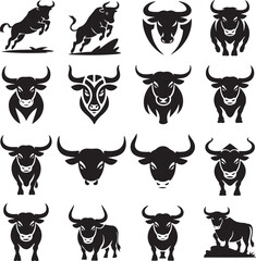 Collection of Bull Silhouette Illustrations for Branding and Design Applications Showing Power and Strength and Suitable for Sports Teams