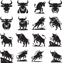 Collection of Bull Silhouette Illustrations Depicting Power Strength and Determination for Graphic Design and Branding Projects in Vector Format