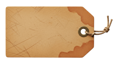 Isolated kraft paper tag with knotted twine, aged surface texture, vintage aesthetic