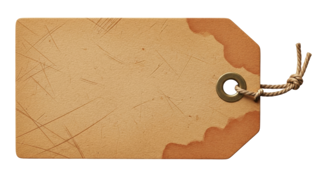 Isolated kraft paper tag with knotted twine, aged surface texture, vintage aesthetic