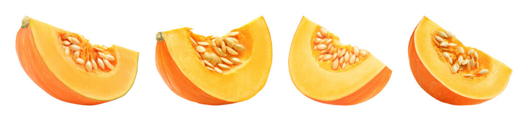 Vibrant orange pumpkin slices, showcasing fresh seeds and flesh, isolated on black, perfect for seasonal design elements PNG set with transparent background