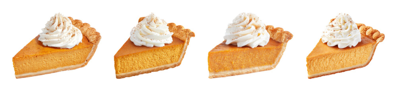 Delicious pumpkin pie slice topped with cream and cinnamon, perfect for autumn harvest and Thanksgiving celebrations, PNG set with transparent background