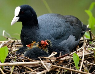 Obraz premium A dark bird with white beak and head, sitting in a nest with two fluffy chicks. The birds are in natural habitat