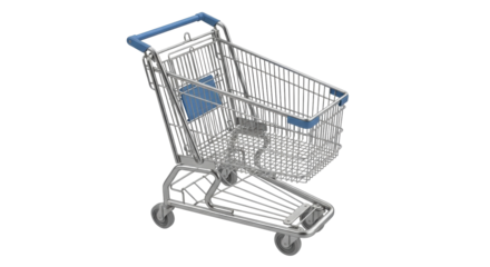 Isolated metal shopping cart with blue handle for carrying items in the grocery store