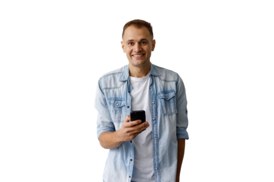 Man smiling while holding phone, happy using mobile app, communication, transparent background