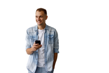 Happy man holding smartphone, smiling, interacting with mobile app, connecting online, transparent background
