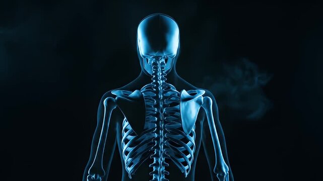 Anatomical illustration of human skeleton with rendered blue tones